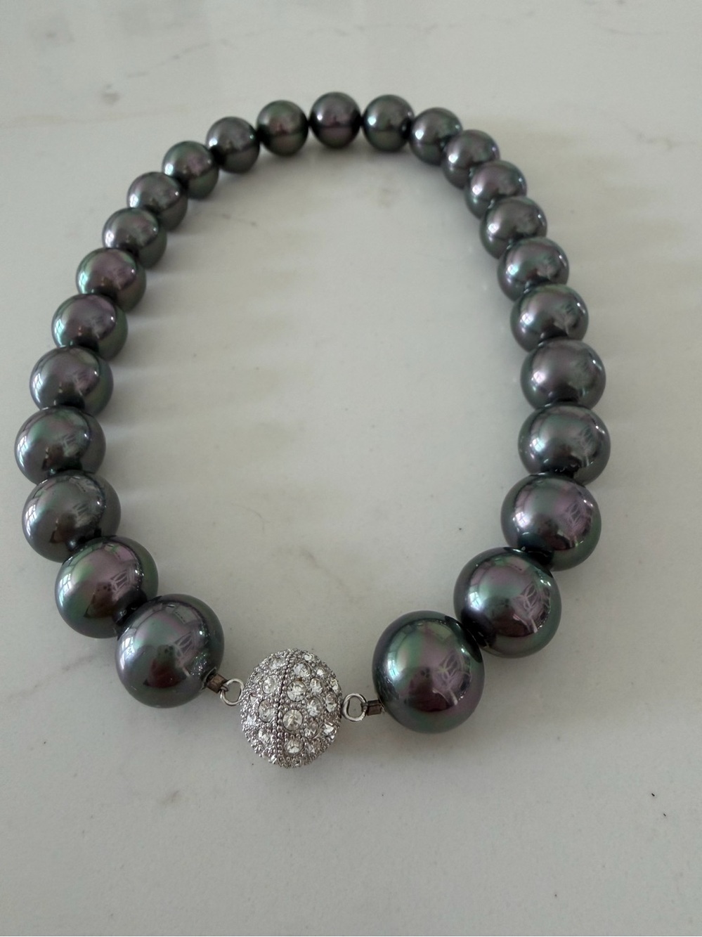 Lustrous Dark Charcoal Pearlescent Bead Necklace with Pavé Crystal Clasp